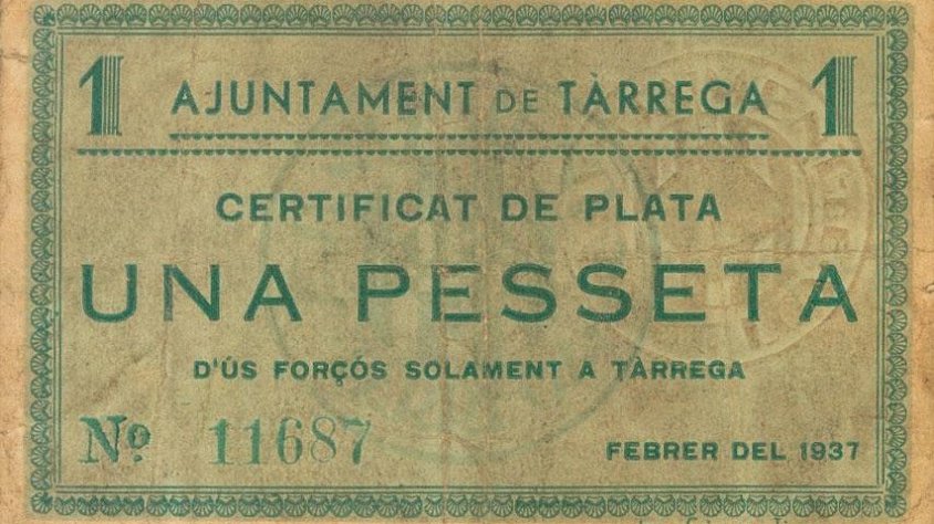 Paper moneda d'una pesseta, emès per l'Ajuntament de Tàrrega el febrer de 1937