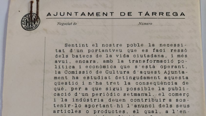 Ofici de l'alcalde de Tàrrega Josep Devant, a bancs i cooperatives targarines, recomanant-los la inserció de publicitat al setmanari 'Crònica targarina'. Desembre de 1936