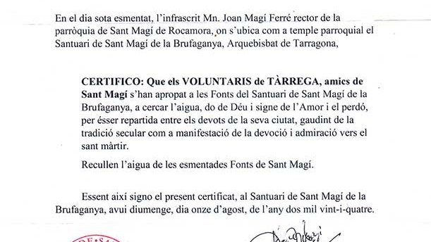 Certificat que dona autenticitat a l'aigua recollida a la Brufaganya aquest 2024