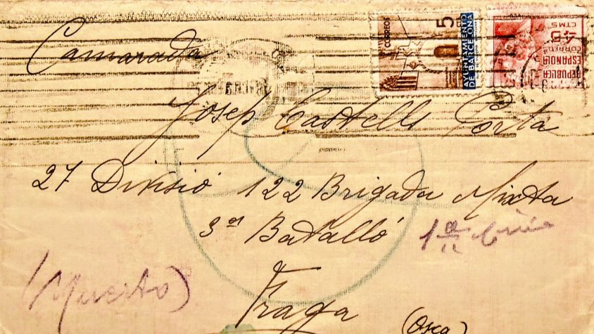 Sobre de la carta retornada a la família del jove targarí de 23 anys, Josep Castells Porta, mort al Front d'Aragó el 16 d'octubre de 1937