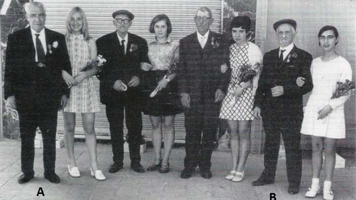 Dos personatges del barri de la Mercè. Amb la lletra A, Josep Salvadó Giribet, i a la B, Joan Pons Fabregat. Any 1970.
