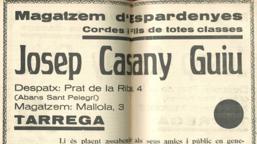 Anunci d'una espardenyeria de Tàrrega a la 'Crònica Targarina' del 9 de juliol de 1932