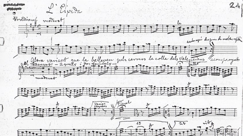 Pàgina manuscrita 'De l'Urgell i la Segarra', del Mestre Güell, amb la partitura de les dues variants del ball de 'L'Eixida'