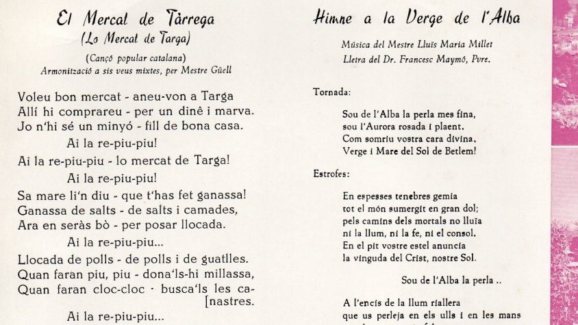Contraportada del disc de Eco-Publicidad "Tàrrega canta..." amb les lletres de les dos cançons gravades, 1964