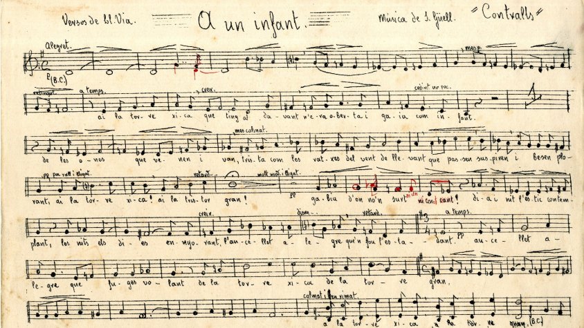 Partitura original de la cançó 'A un infant' amb lletra de Lluís Via i música de Josep Güell