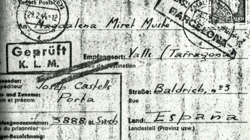 Targeta postal del Camp d'Extermini de Mauthausen en la qual Josep Minguell Porta utilitza el nom del seu cosí Josep Castells Porta, per cedir la seva identitat al conseller de la Generalitat Josep Miret Musté pres a Mauthausen. ('Els catalans als camps N