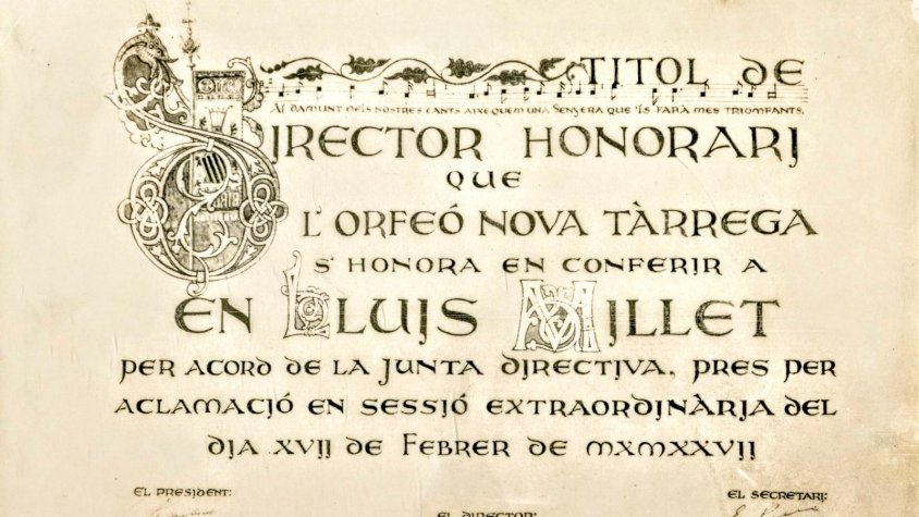 Títol de Director Honorari ofert per l'Orfeó Nova Tàrrega al Mestre Lluís Millet. 17 de febrer de 1927