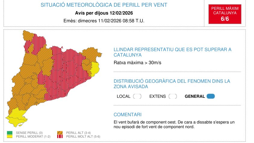 Mapa del perill de vent previst dijous