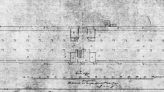 Plànol inicial de la planta dels quarters segons projecte conservat al Museu de l'Exèrcit de Madrid